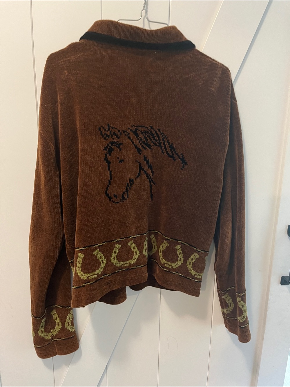 Brown Velvet-Like Button Front Cardigan with Contrast Trim Horse Embroidery - Picture 3 of 4